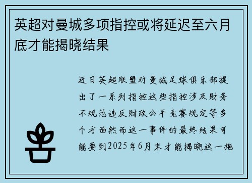 英超对曼城多项指控或将延迟至六月底才能揭晓结果