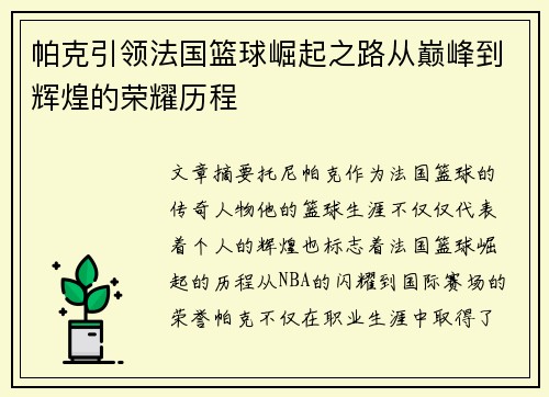 帕克引领法国篮球崛起之路从巅峰到辉煌的荣耀历程